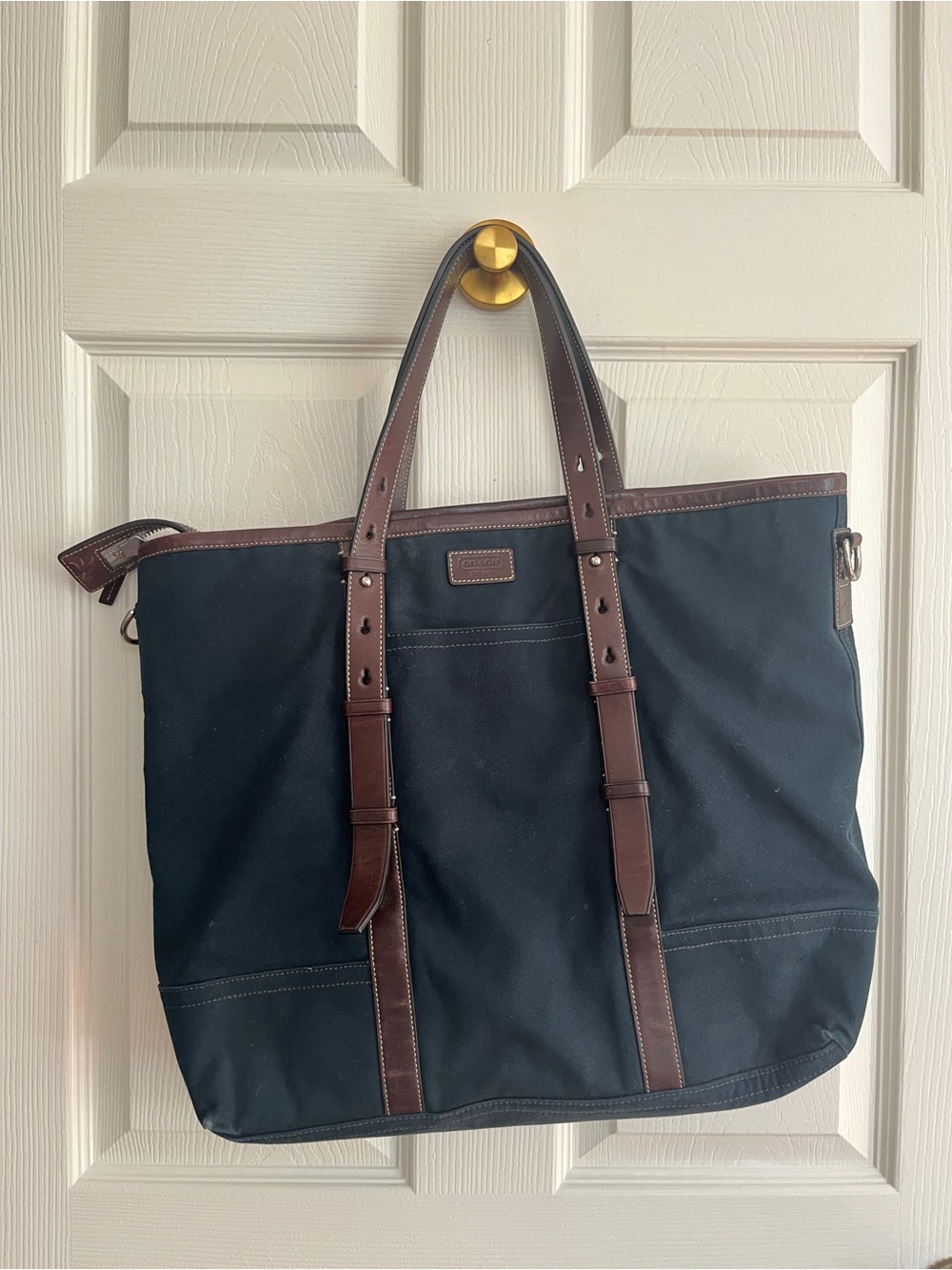 Coach Black Canvas Tote with Brown Leather Trim